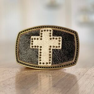 Vintage Western Belt Buckle Studded Leather Cross Design Bikercore Cowboy Rodeo